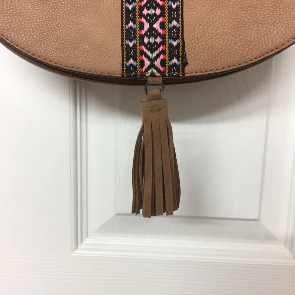 Vegan Leather Southwest Embroidery BoHo Crossbody Brown Purse with Tassel